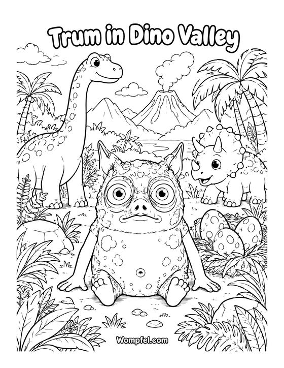 Dinosaur colouring page: monster Trum with a long-necked dinosaur, a triceratops and a volcano