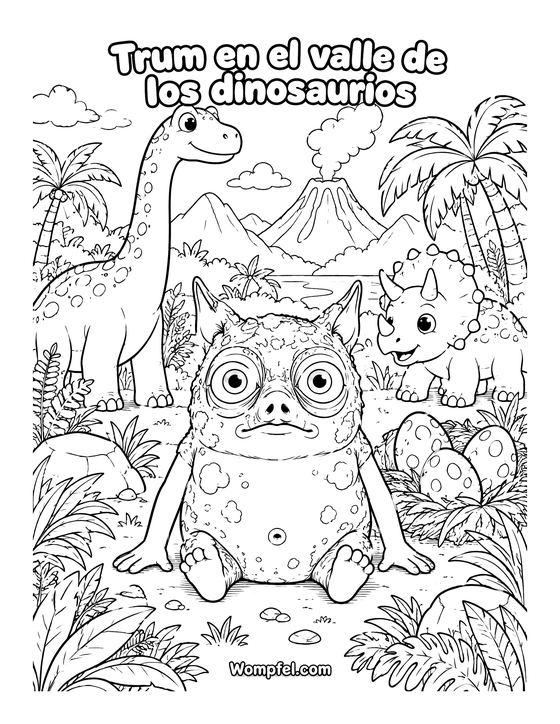 Dinosaurios para colorear: el monstruo Trum con un dinosaurio de cuello largo, un triceratops y un volcán