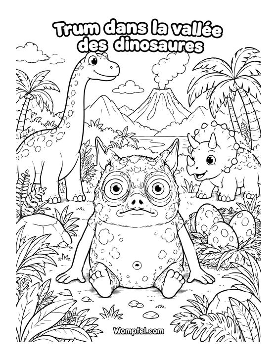 Coloriage dinosaure : le monstre Trum avec un dinosaure à long cou, un tricératops et un volcan