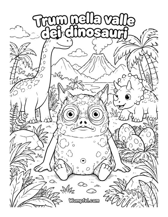 Dinosauri da colorare: il mostro Trum con un dinosauro dal collo lungo, un triceratopo e un vulcano