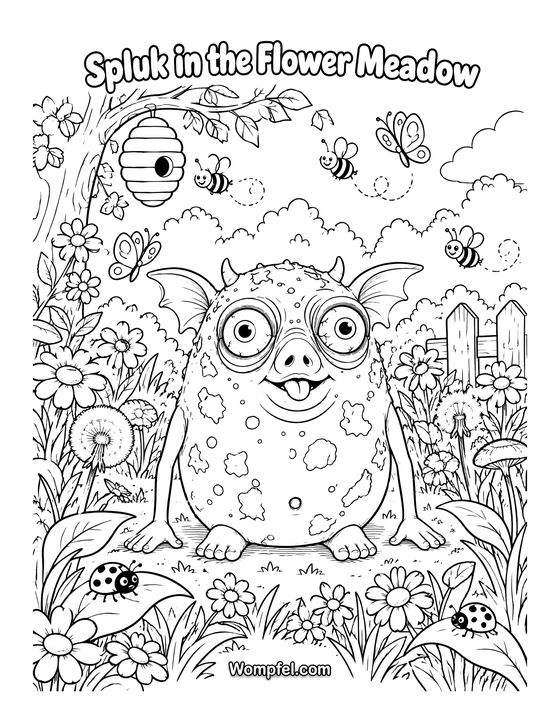 Spring colouring page: monster Spluk in the flower meadow with bees and butterflies