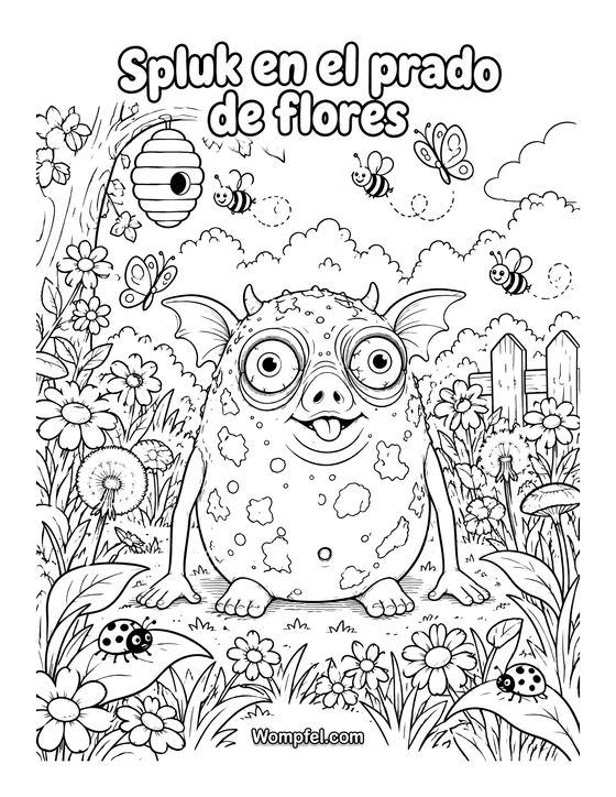 Dibujo de primavera para colorear: el monstruo Spluk en el prado de flores con abejas y mariposas