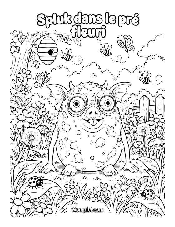 Coloriage printemps : le monstre Spluk dans la prairie fleurie avec des abeilles et des papillons