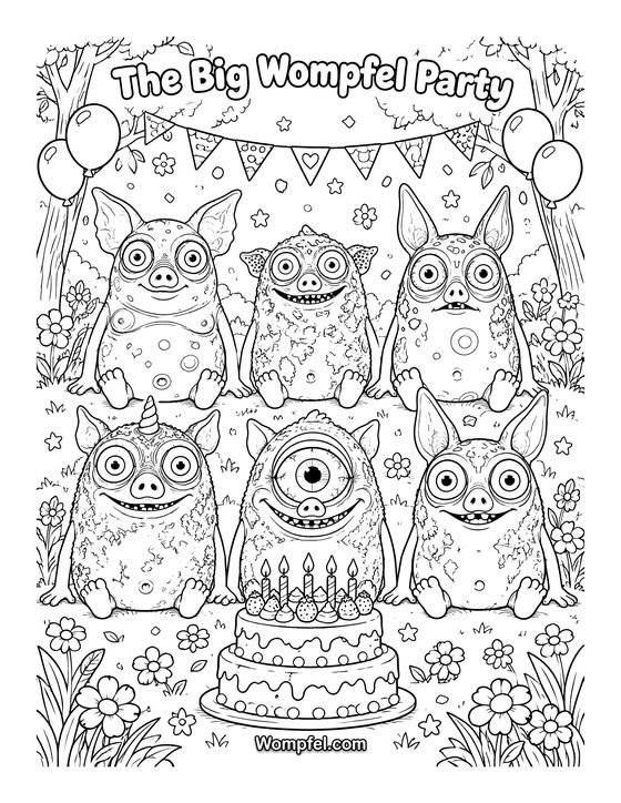 Birthday colouring page: six monsters with a birthday cake, balloons and bunting