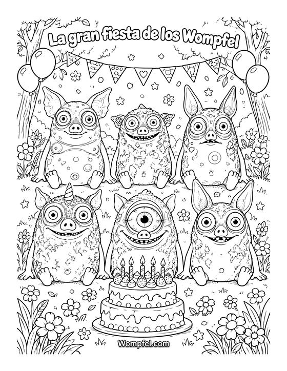 Dibujo de cumpleaños para colorear: seis monstruos con una tarta de cumpleaños, globos y guirnaldas