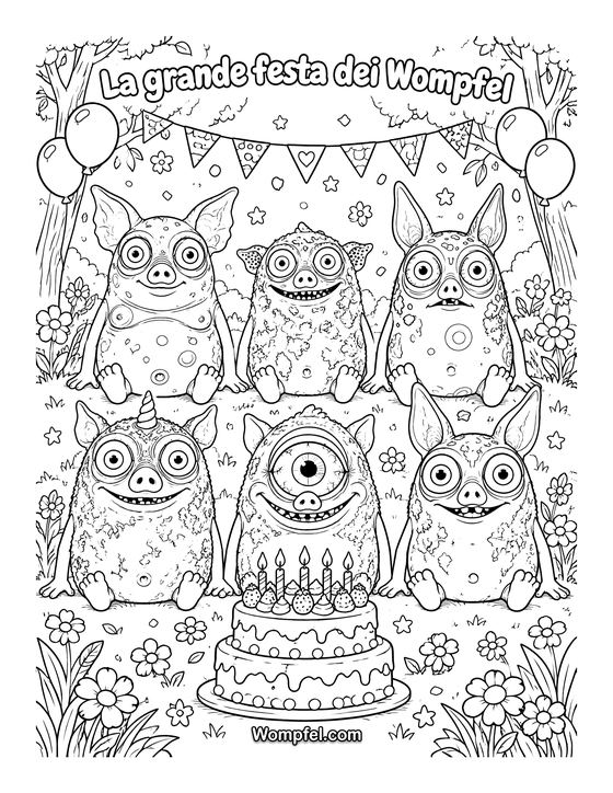 Disegno compleanno da colorare: sei mostri con una torta di compleanno, palloncini e festoni