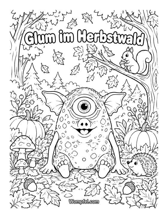 Ausmalbild Herbst: Monster Glum mit Kürbissen, Igel und Eichhörnchen im Herbstwald
