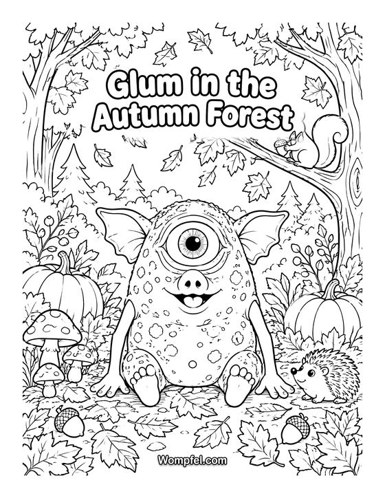 Autumn colouring page: monster Glum with pumpkins, a hedgehog and a squirrel in the autumn forest