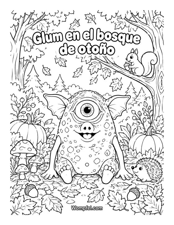 Dibujo de otoño para colorear: el monstruo Glum con calabazas, un erizo y una ardilla en el bosque