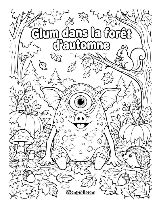Coloriage automne : le monstre Glum avec des citrouilles, un hérisson et un écureuil dans la forêt