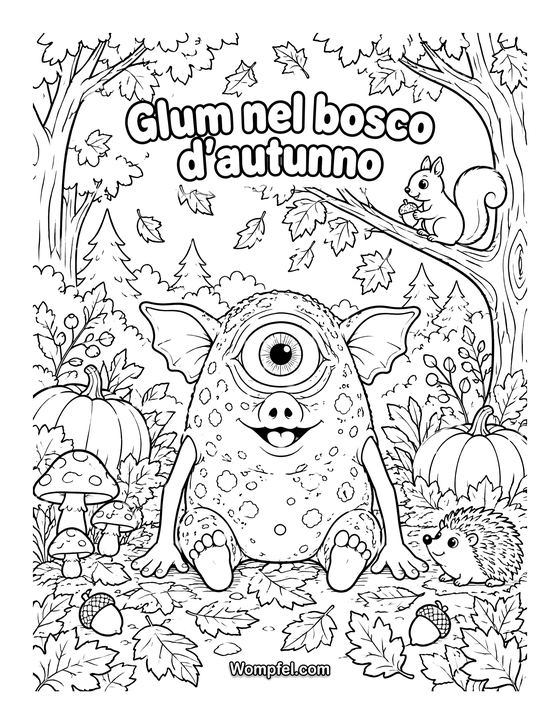 Disegno autunno da colorare: il mostro Glum con zucche, un riccio e uno scoiattolo nel bosco