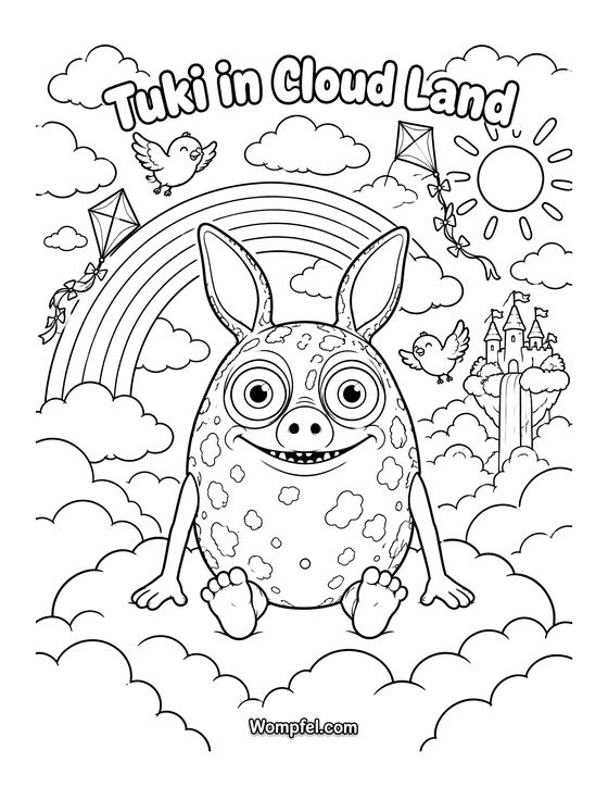 Rainbow colouring page: monster Tuki on a cloud under the rainbow