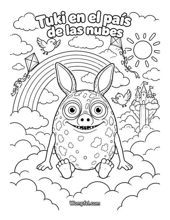 Arcoíris para colorear: el monstruo Tuki sobre una nube bajo el arcoíris