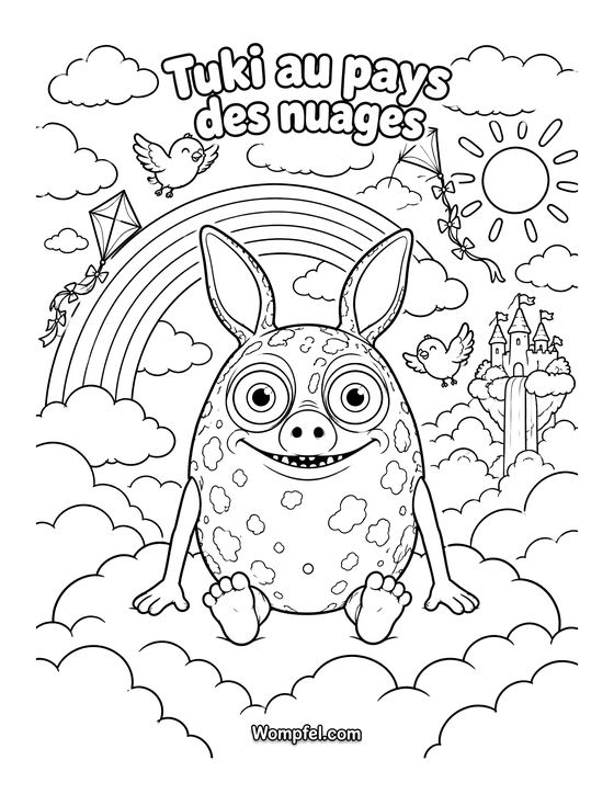 Coloriage arc-en-ciel : le monstre Tuki sur un nuage sous l'arc-en-ciel
