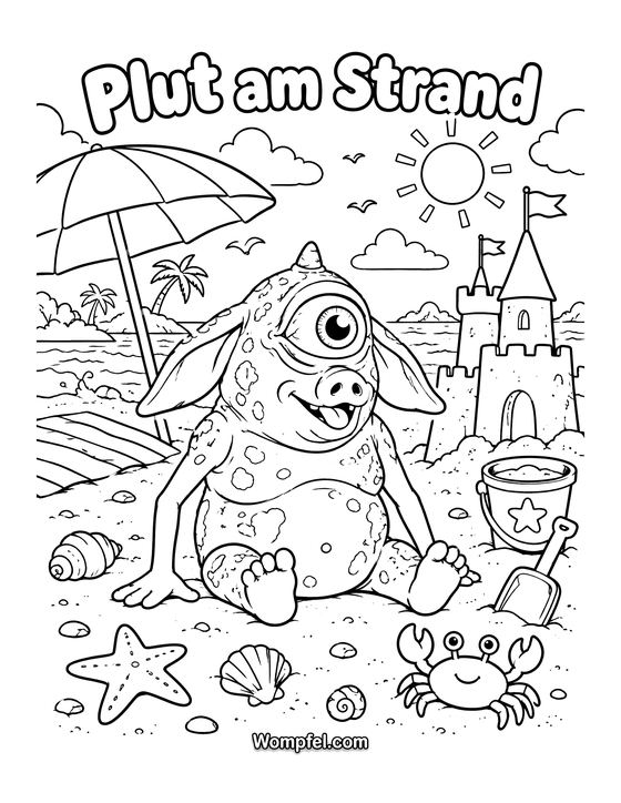 Ausmalbild Sommer: Monster Plut am Strand mit Sandburg, Sonnenschirm und Krabbe