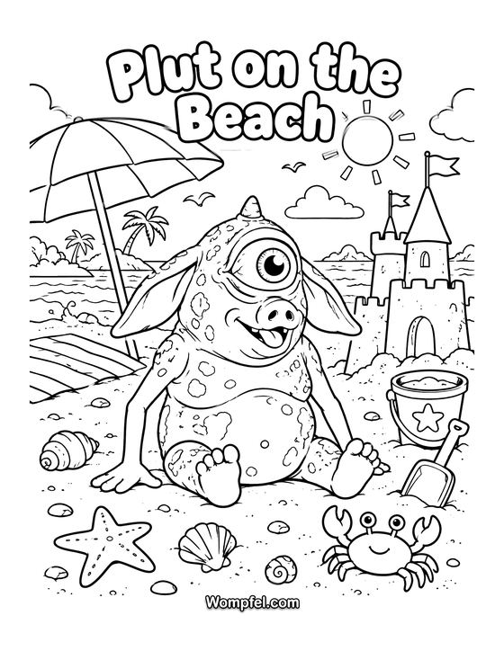 Summer colouring page: monster Plut at the beach with a sandcastle, parasol and crab