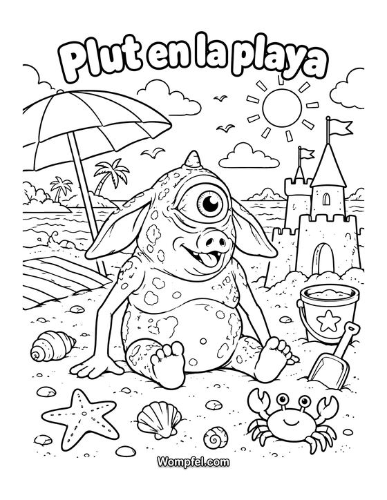 Dibujo de verano para colorear: el monstruo Plut en la playa con un castillo de arena, una sombrilla y un cangrejo