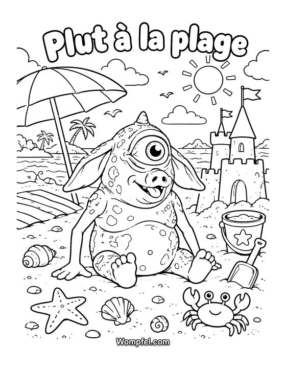Coloriage été : le monstre Plut à la plage avec un château de sable, un parasol et un crabe