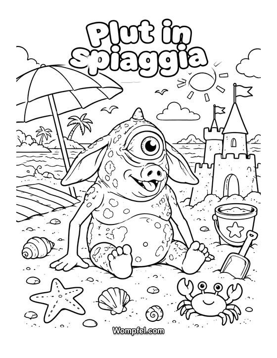 Disegno estate da colorare: il mostro Plut in spiaggia con un castello di sabbia, un ombrellone e un granchio