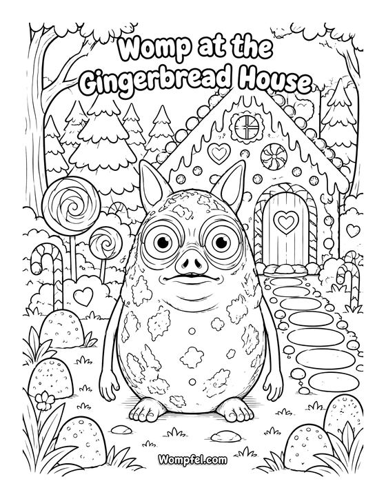 Christmas colouring page: monster Womp in front of the gingerbread house with candy canes and fir trees