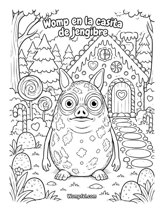 Dibujo de Navidad para colorear: el monstruo Womp delante de la casa de jengibre con bastones de caramelo y abetos