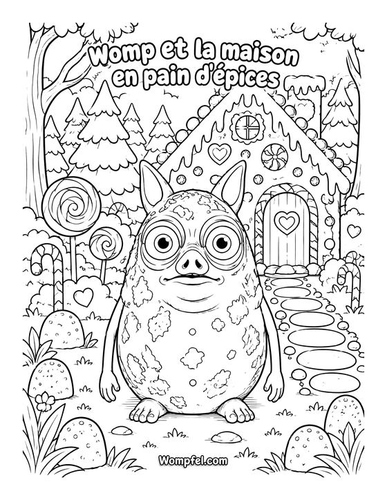 Coloriage Noël : le monstre Womp devant la maison en pain d'épices avec sucres d'orge et sapins