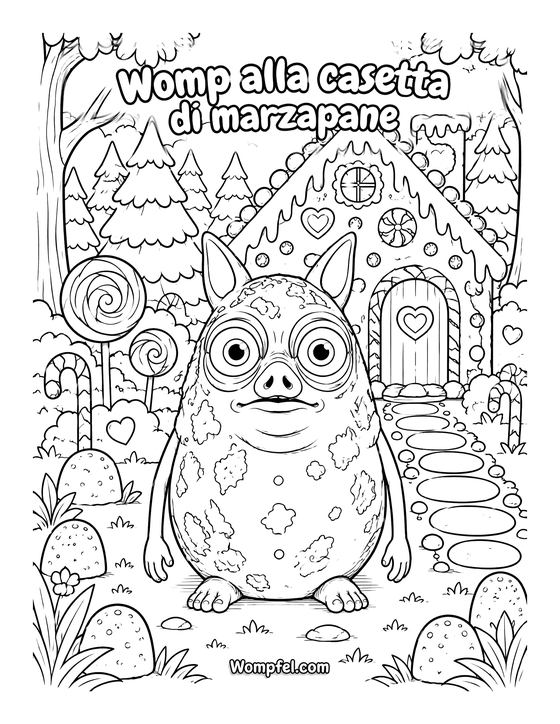 Disegno di Natale da colorare: il mostro Womp davanti alla casetta di pan di zenzero con bastoncini di zucchero e abeti