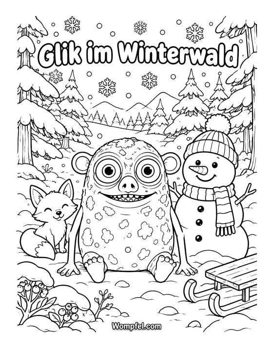 Ausmalbild Winter: Monster Glik mit Schneemann, Fuchs und Schlitten im verschneiten Wald
