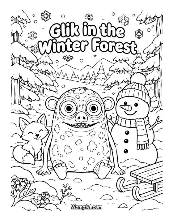 Winter colouring page: monster Glik with a snowman, a fox and a sledge in the snowy forest