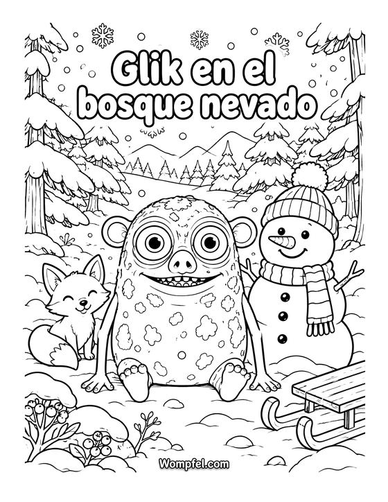 Dibujo de invierno para colorear: el monstruo Glik con un muñeco de nieve, un zorro y un trineo en el bosque nevado