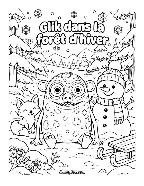 Coloriage hiver : le monstre Glik avec un bonhomme de neige, un renard et une luge dans la forêt enneigée