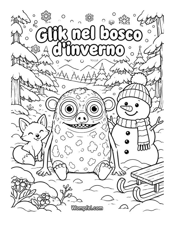 Disegno inverno da colorare: il mostro Glik con un pupazzo di neve, una volpe e uno slittino nel bosco innevato