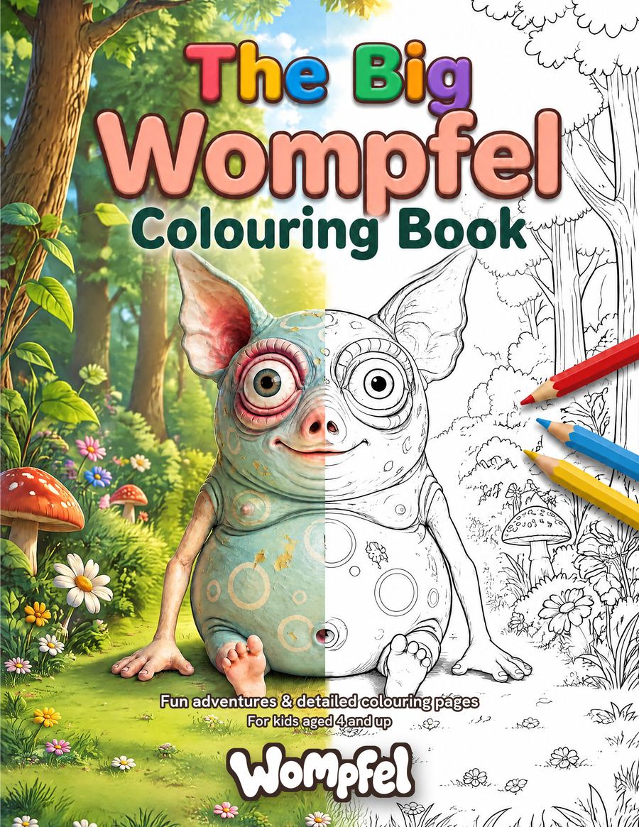The big Wompfel colouring book: cover with Yarp, half in colour, half ready to colour in