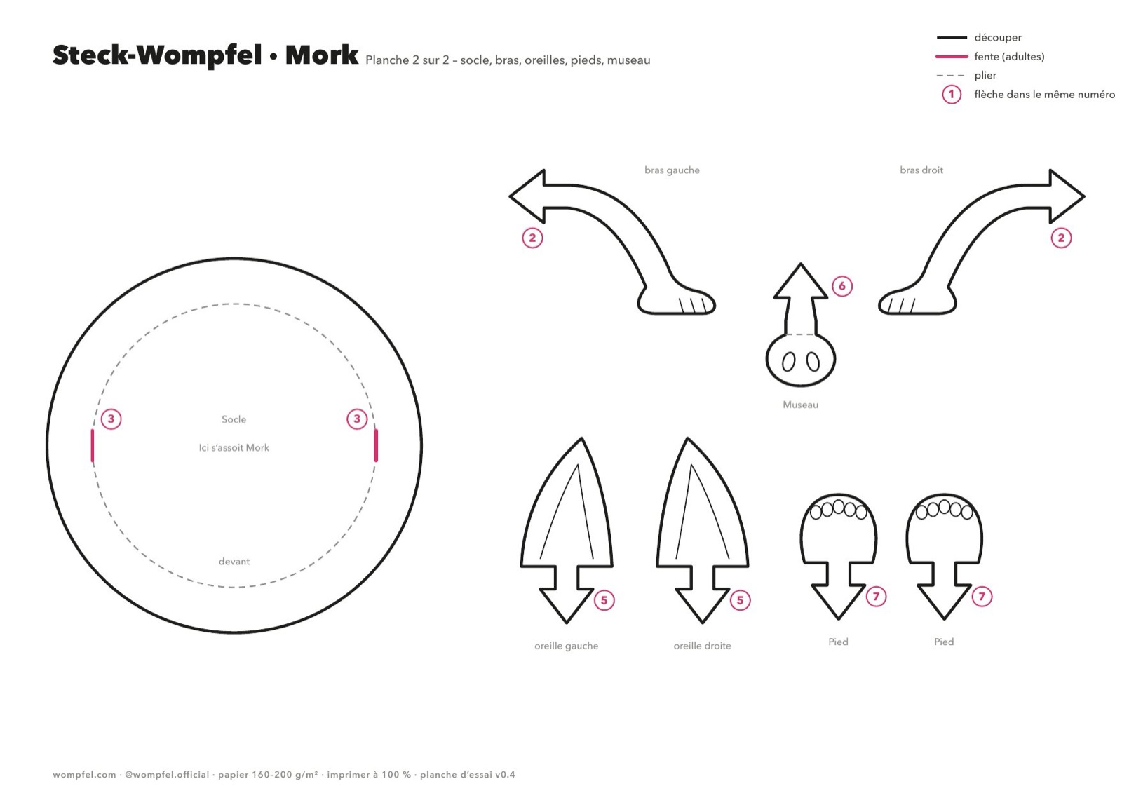 Planche 2 : socle, deux bras, deux oreilles, deux pieds et museau