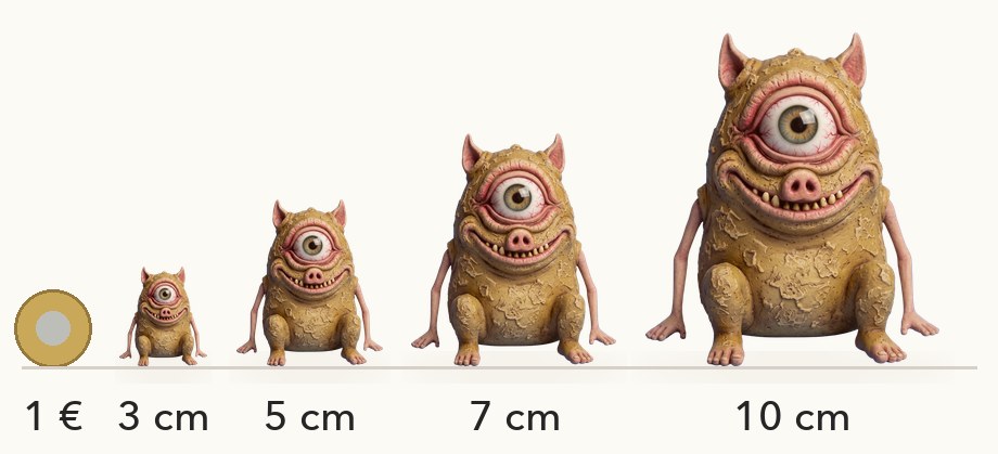 Größenvergleich: Bloop in 3, 5, 7 und 10 cm neben einer 1-Euro-Münze