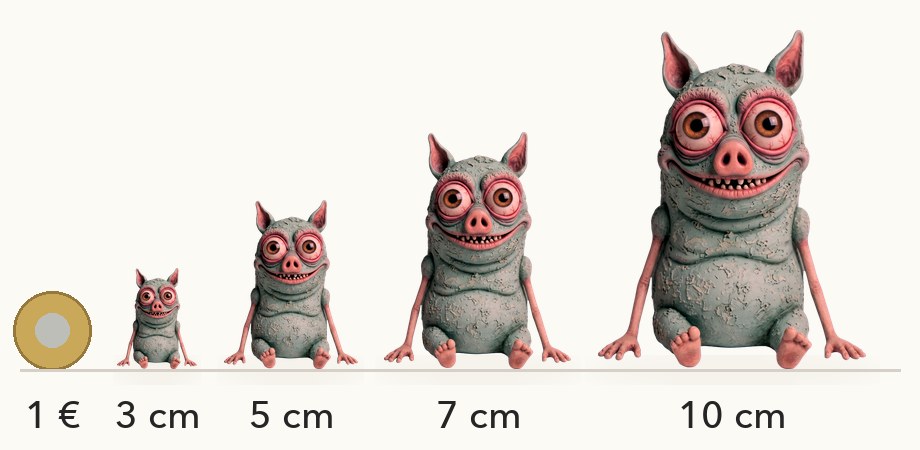 Größenvergleich: Borp in 3, 5, 7 und 10 cm neben einer 1-Euro-Münze