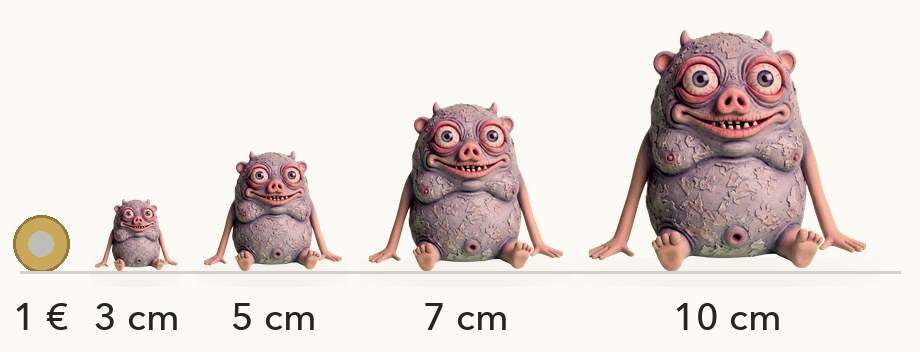 Größenvergleich: Diog in 3, 5, 7 und 10 cm neben einer 1-Euro-Münze