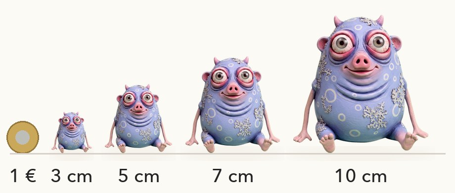 Größenvergleich: Dribo in 3, 5, 7 und 10 cm neben einer 1-Euro-Münze