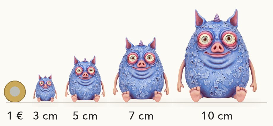 Size comparison: Drok at 3, 5, 7 and 10 cm next to a 1-euro coin