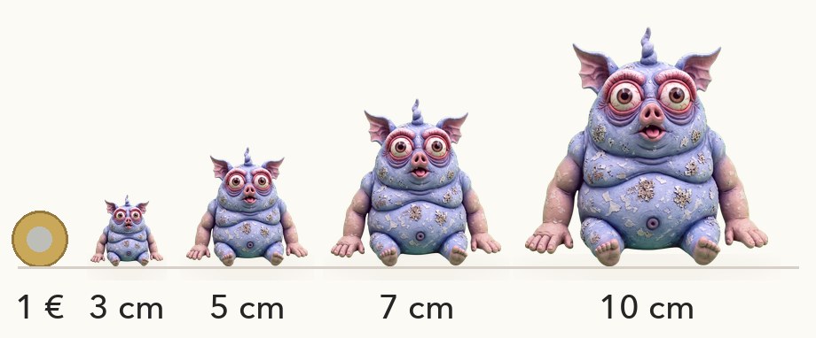 Größenvergleich: Flex in 3, 5, 7 und 10 cm neben einer 1-Euro-Münze