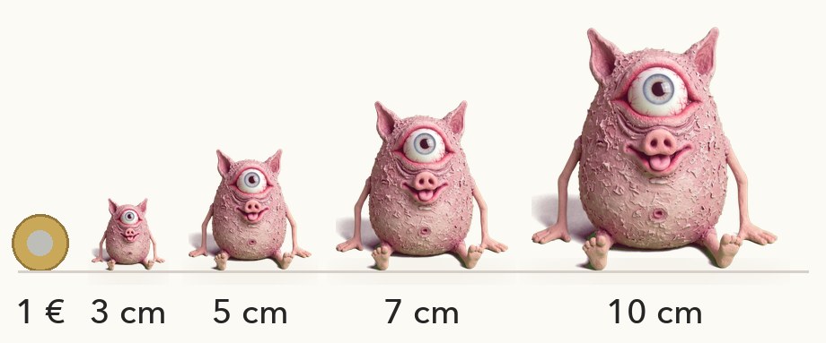Größenvergleich: Fnug in 3, 5, 7 und 10 cm neben einer 1-Euro-Münze