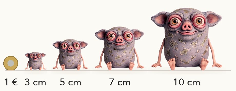 Größenvergleich: Grok in 3, 5, 7 und 10 cm neben einer 1-Euro-Münze