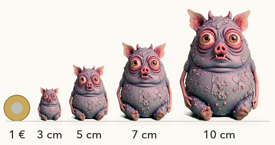 Größenvergleich: Hodge in 3, 5, 7 und 10 cm neben einer 1-Euro-Münze