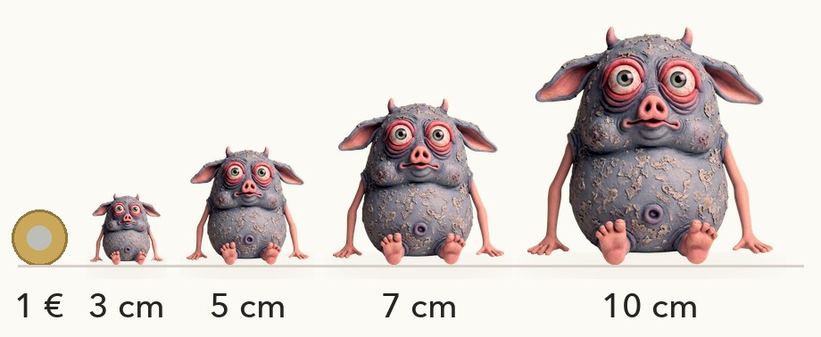 Größenvergleich: Jog in 3, 5, 7 und 10 cm neben einer 1-Euro-Münze
