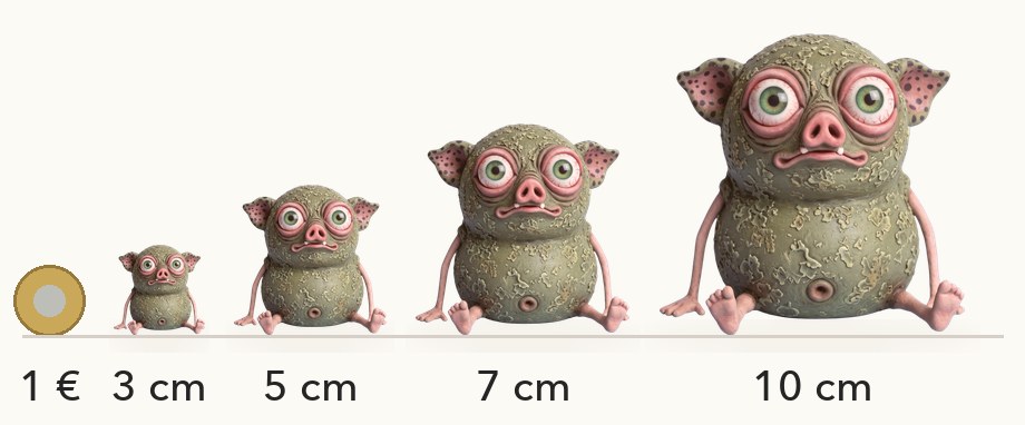 Größenvergleich: Knub in 3, 5, 7 und 10 cm neben einer 1-Euro-Münze