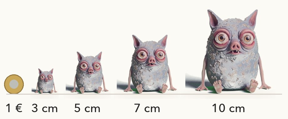 Comparación de tamaños: Mork en 3, 5, 7 y 10 cm junto a una moneda de 1 euro