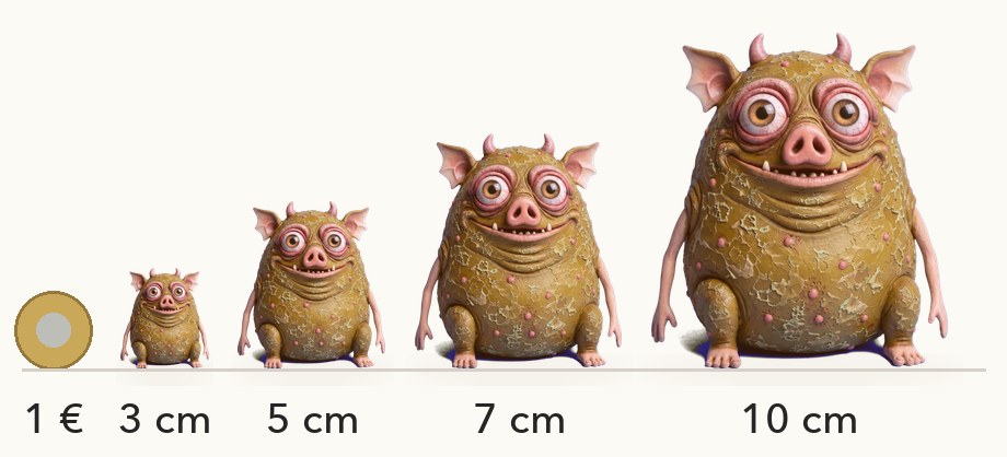Größenvergleich: Murp in 3, 5, 7 und 10 cm neben einer 1-Euro-Münze