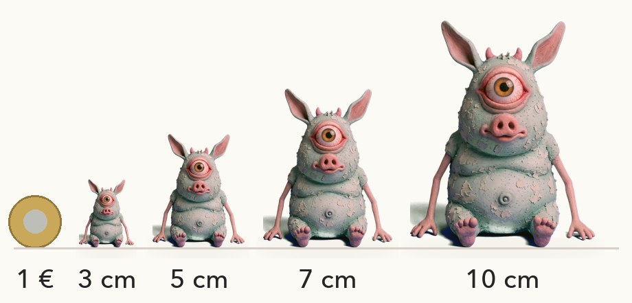 Größenvergleich: Nibb in 3, 5, 7 und 10 cm neben einer 1-Euro-Münze