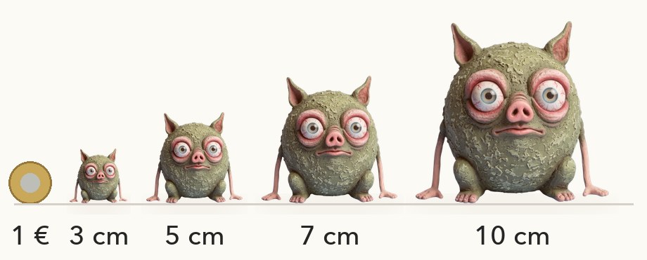 Größenvergleich: Plop in 3, 5, 7 und 10 cm neben einer 1-Euro-Münze