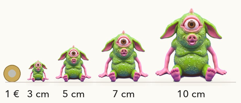 Größenvergleich: Plut in 3, 5, 7 und 10 cm neben einer 1-Euro-Münze